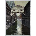 Small mounted Oil on Canvas, depicting the Bridge of Sighs in Venice, indistinct monogram LL, approx