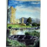 Watercolour depicting a Rowing Boat by a ruined Castle, approx 15” x 12”.