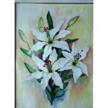 Framed Botanical Watercolour, titled “Lilies”, Pat Carter '04, approx 16” x 12”.