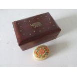 An Indian inlaid Box, approx 16cm x 10cm, together with a papier mache Trinket Pot.