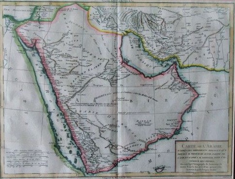 A framed French Map, “Carte de l'Arabie”, depicting (the then) Arabia, the Red Sea, Persian Gulf,