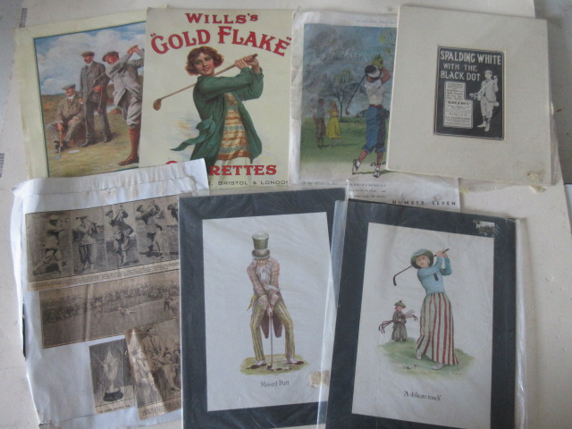 Qty asstd Golf related Ephemera, including Prints, etc together with a pair of silver-plated “His