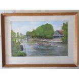 Framed Watercolour, Rowers on the River (probably Cambridge) signed Sampson 92, approx12" x 16".