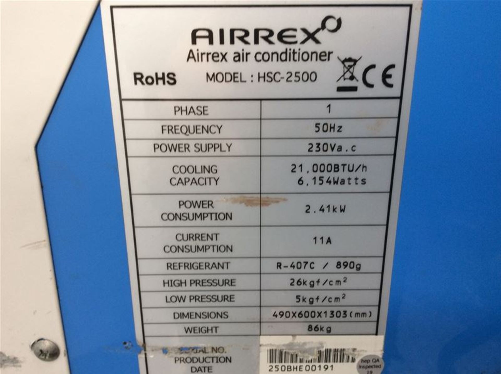 AIRREX HSC-2500 AIR CONDITIONER - 21,000BTU - Image 3 of 4