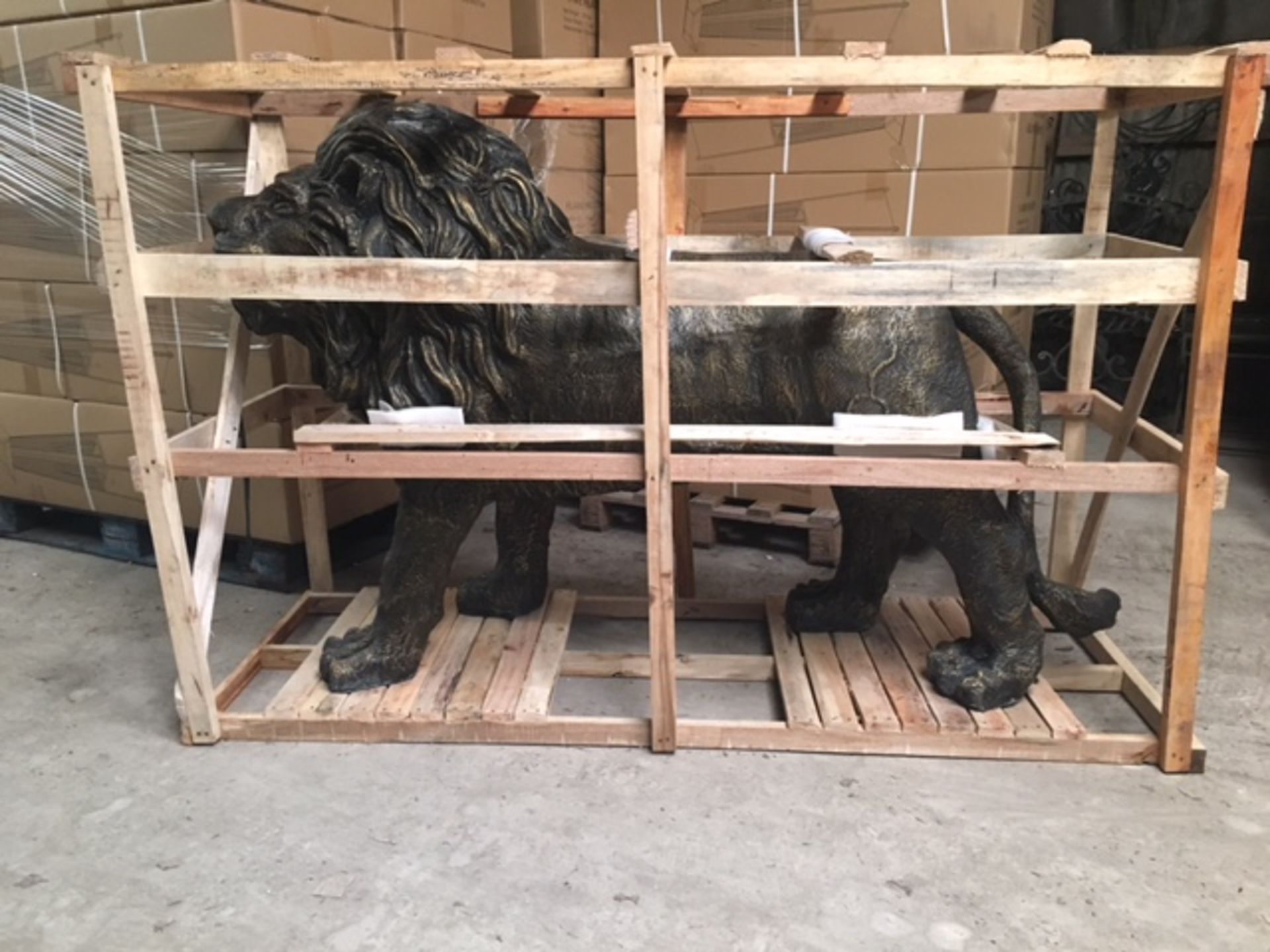 NEW CRATED LARGE LION FIGURE - 6FT LONG FINISHED IN BRONZE