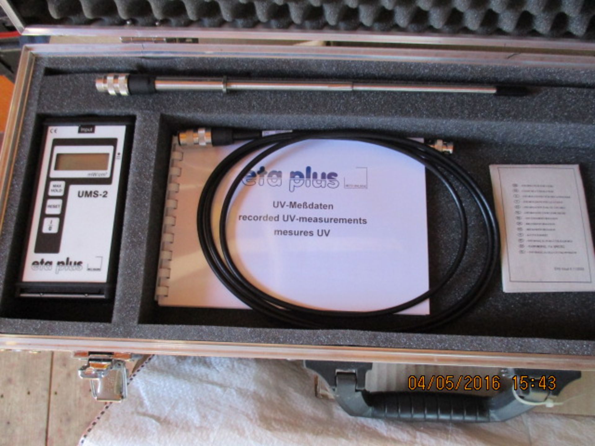 ETA PLUS UV meter, year 2004, comprising meter, extension cable, probe, manual and carrying case. Pr