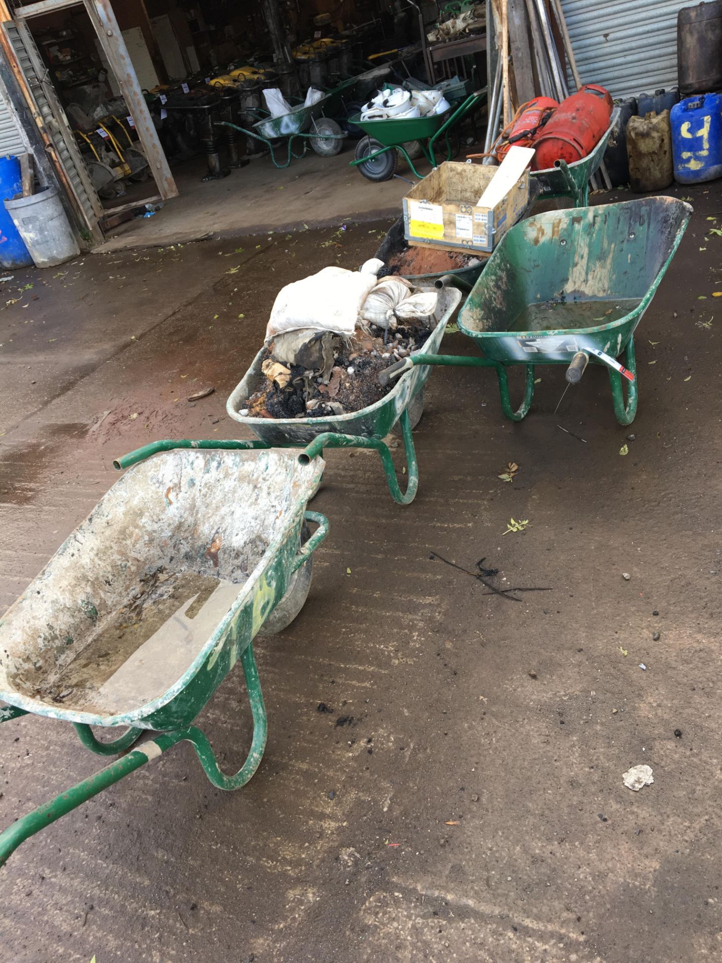 5 x metal wheel barrows & contents including gas burning torch