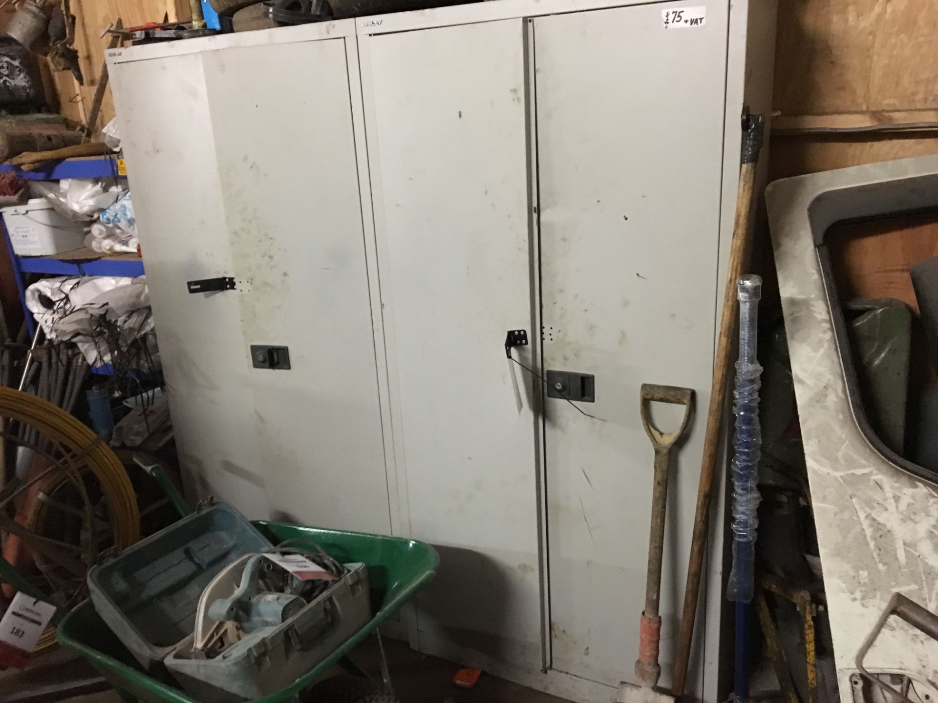 2 x metal cabinets & contents - vehicle spares, rods, racking & contents & wheel barrow wheels.