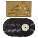 "His Master's Voice" Plaque and Children's Discs Embossed cast bronze, reverse screw holes, 6 ¾ x