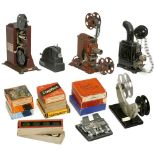 4 Toy Movie Projectors 1) Falk-Bing Werke. Kinematograph/magic lantern, c. 1934, for 35mm film, with