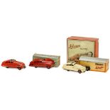 2 Schuco Cars and 1 Garage, c. 1955 1) Schuco garage no. 1500 with Fex 1111 car, in box no. 15/