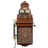 L.M. Ericsson Model AB 520 Wall Phone, 1905 Wooden case, 4-part induction coil, handset with