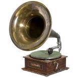 "Elephant" Horn Gramophone Wooden case with decal "Elephant", 17 in. Ø brass horn, aluminum