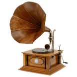 Pathé Horn Gramophone For vertically cut records, strong spring motor, wooden case with columns, 8-