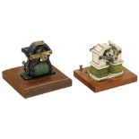 2 Small Electric Motors Each motor with finely japanned cast metal, triple armature, on wooden base,