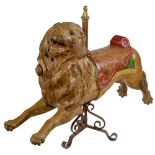 Rare Carved Carousel Lion, c. 1890 Probably Spain, signed "AS", carved wood, heavily-elaborated