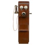 Belgian Wall Telephone, c. 1922 By Atea, Antwerp, walnut case, fixed microphone, Bell-type earphone,