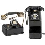 2 Bell Telephones 1) Table phone with dial, metal case, c. 1928. - And: 2) Bell Telephone Company,
