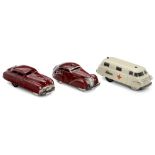 3 Schuco Toy Cars 1) Varianto-Sani no. 3043, working. - 2) Varianto-Limo no. 3041, defective. - And: