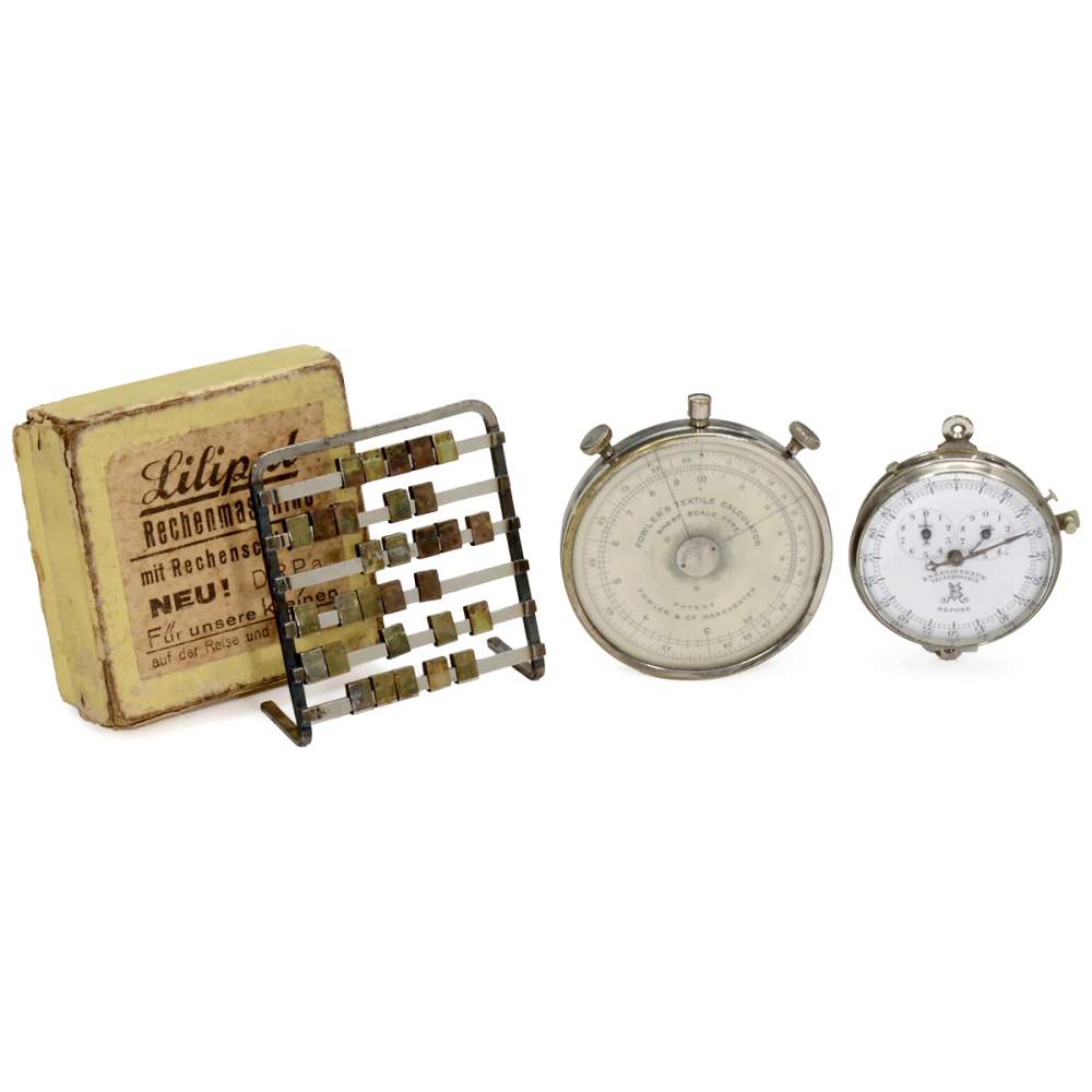 3 Calculation Devices 1) "Liliput", c. 1925. Curious calculating aid, with original box. - 2) "