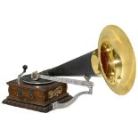 Columbia Model AJ Disc Gramophone, 1902 onwards Ornated oak case with Columbia decal, lateral