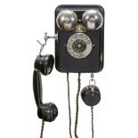 L.M. Ericsson Wall Telephone, c. 1940 Metal case, Ericsson bakelite handset and second earphone