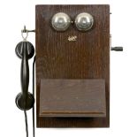 L.M. Ericsson Wall Telephone, 1933 Oak case, crank-driven inductor, Ericsson bakelite headphone,