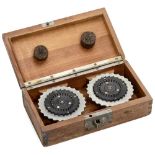 2 Original Enigma Wheels in Wooden Box, 1936 Wheels no. I A11818 and IV A11818, with Swastika, in