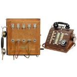 2 French Telephone Centers 1) Intercom switchboard by Picard-Lebas, Paris, wooden case, with