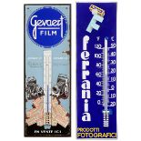 2 Emailleschilder Gevaert und Ferrania mit Thermometern 1) "Gevaert Film", Frankreich, flach, 28 x