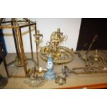 A brass hall lantern (af), a ceiling light, wall brackets, lighting parts etc