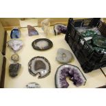 Assorted malachite ashtrays, mineralogical samples, fossils, etc