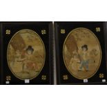 A pair of late George III silkwork pictures of children in rustic settings, circa 1800, one