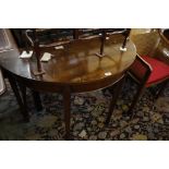 A mahogany spider leg table, demi lune table, two caned chairs and a standard lamp (sold as parts)