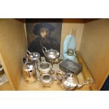 A quantity of plated ware, a pewter box, an oil lamp, a parasol and a print of an old man