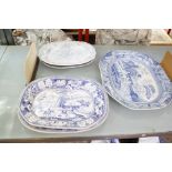 Five blue and white meat plates to include Aesthetic pheasant pattern etc