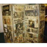 A Victorian decoupage screen, the four panels with collage of Victorian scenes, animals and