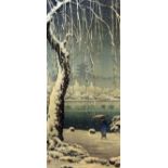 A Japanese print of a winter landscape, 36cm x 16cm and another Japanese print (2)