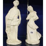 A pair of ceramic figures of a girl and boy each with a lamb, 30cm high and 35cm high