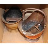 Two copper coal buckets and a pair of andirons (4)