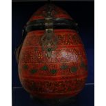 An Asian red lacquered lidded pot with metal mounts, 37cm high approx.