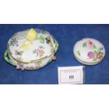 A Herend lidded tureen. decorated with flowers and butterflies, lemon final, floral encrusted,