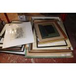 A quantity of assorted pictures to include modern abstracts, theatre poster etc