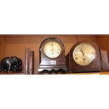 Two 20th Century mantel clocks and a pair of bookends with ebony elephants