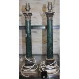 A pair of green marble and silver plated column table lamps, on square plinth base, 57cm high (