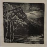 Charles McKenzie (20th Century)Landscape with tree, lake and mountainLithographSigned in pencil to