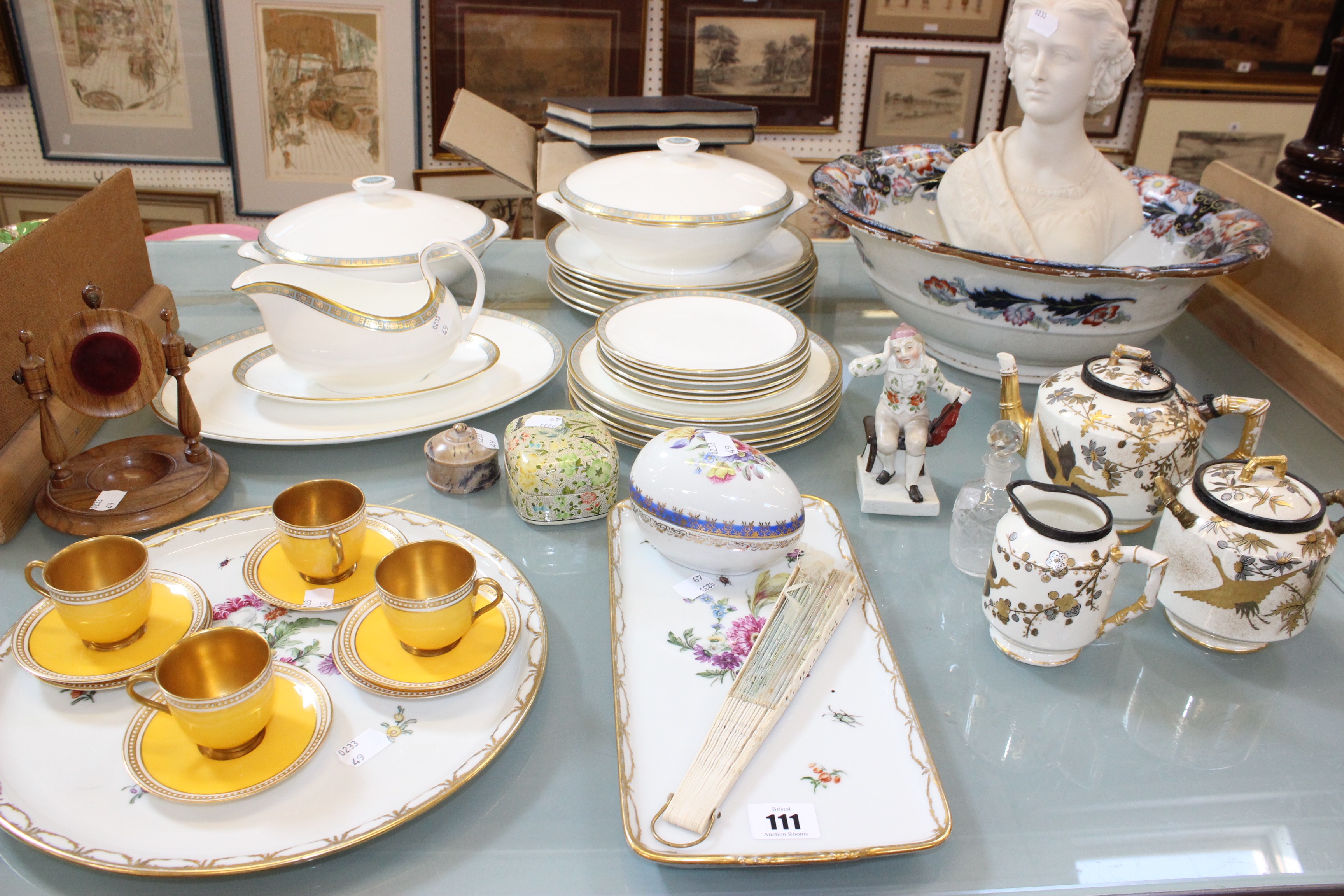 Quantity of porcelain and glassware, including an Aesthetic Movement teapot, jug and sugarbowl
