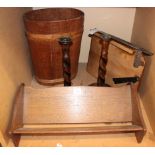 A pair of turned wooden candlesticks, an oak book stand, a wooden bin and a quantity of assorted