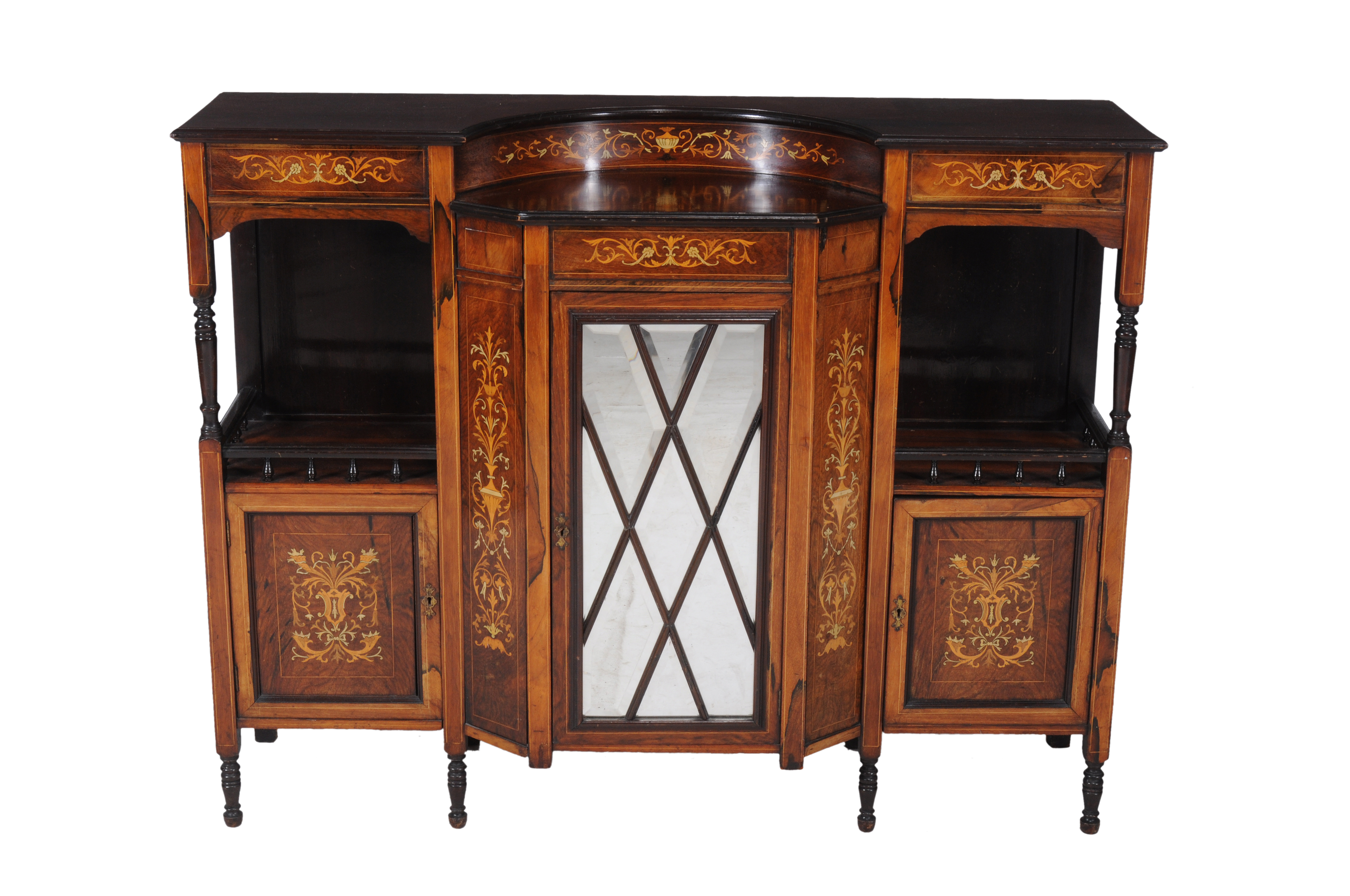 A Victorian rosewood and inlaid side cabinet, circa 1870, of break-front outline, with central