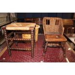 A 19th Century stool, bobbin turned example with rush seat, wicker childs chair and basket (4)